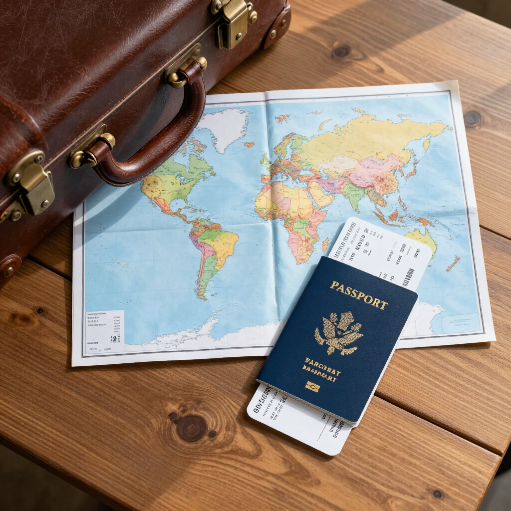 Maleta, mapamundi plegado, pasaporte y tarjeta de embarque sobre una mesa de madera, listos para viajar.