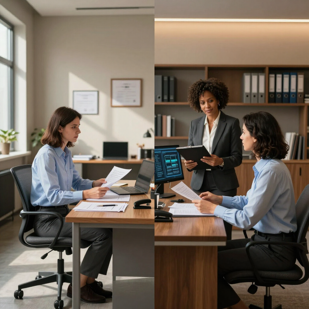 Tres compañeros de trabajo revisan documentos en una oficina moderna alrededor de un escritorio y un monitor de computadora.