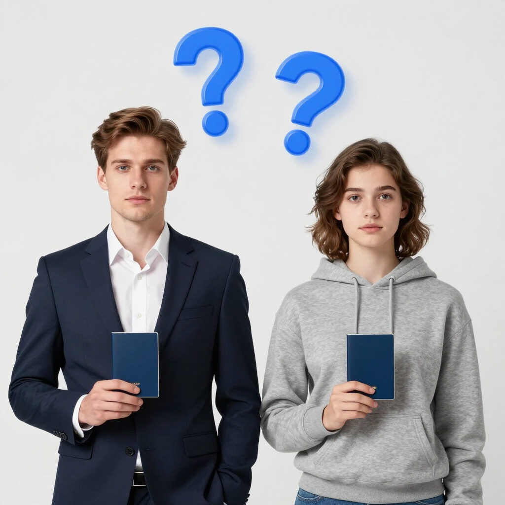 Dos personas sosteniendo cuadernos azules con signos de interrogación sobre sus cabezas.