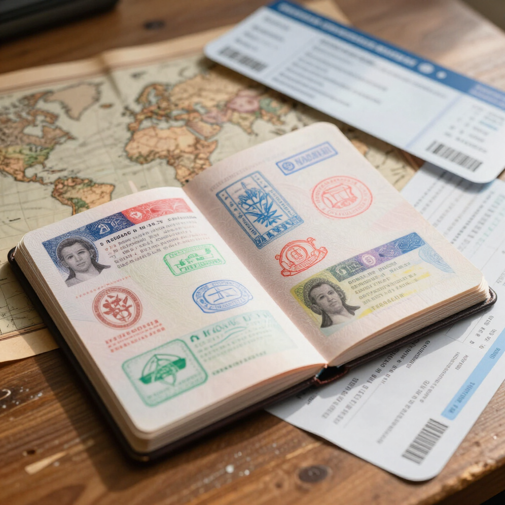 Un pasaporte abierto con sellos de colores sobre una mesa de madera junto a documentos de viaje y un mapa.