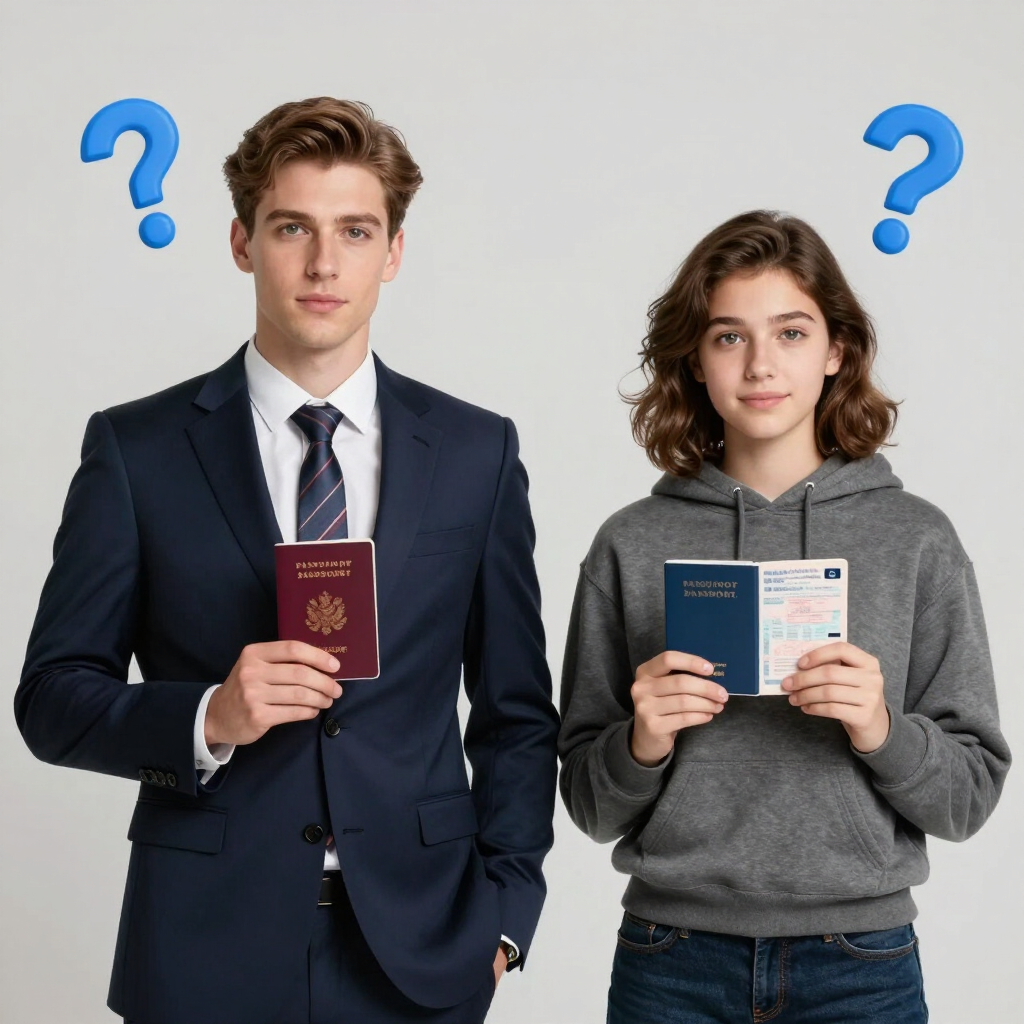 Dos personas sostienen pasaportes con signos de interrogación azules encima, de pie sobre un fondo blanco.