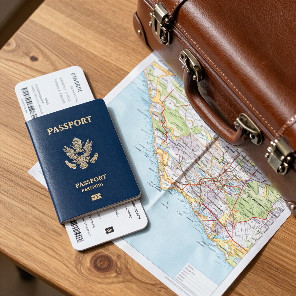 Pasaporte, tarjetas de embarque, maleta y mapa plegado sobre una mesa de madera, listos para viajar.