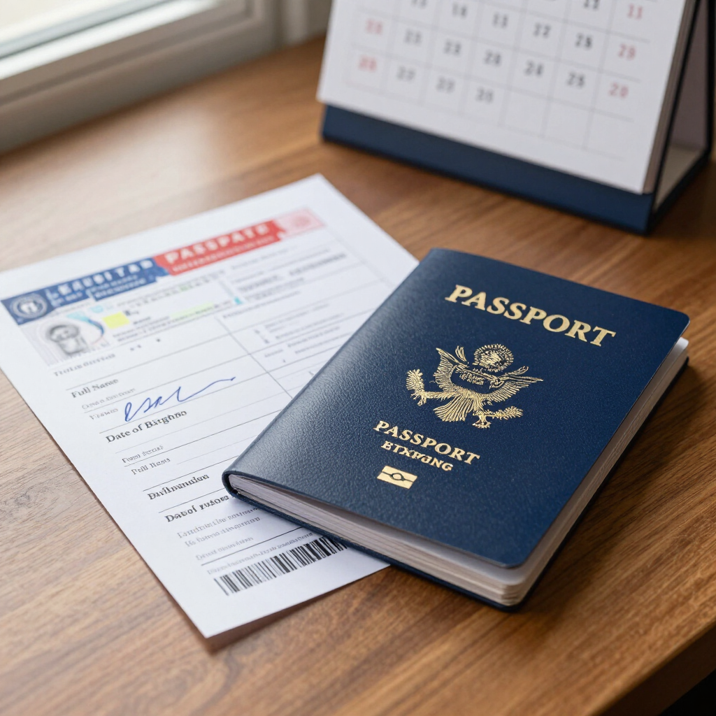 Pasaporte y formulario de solicitud sobre un escritorio de madera junto a un calendario.
