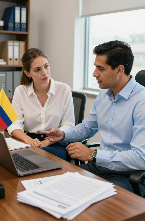 Escena en la oficina de Visa Colombia con dos personas conversando en un escritorio, una de ellas tomando notas.