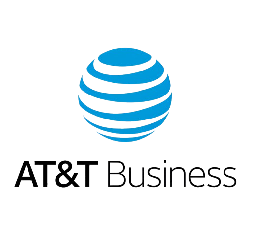 AT&T Business logo: blue globe with white horizontal lines, and text
