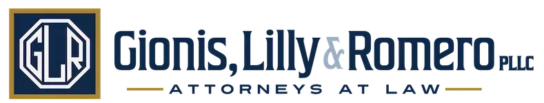 Logo of Gionis, Lilly & Romero PLLC, Attorneys at Law, with a blue and gold octagonal monogram.