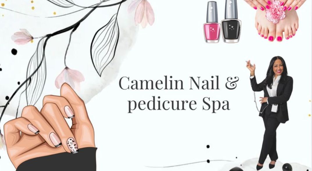 Camelin Nail & pedicure Spa logo with hand illustration, nail polish, woman, and flower design.