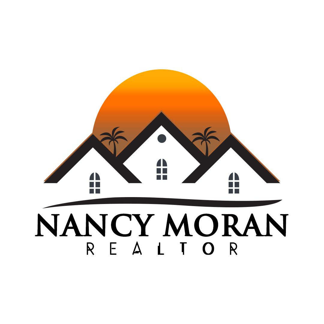 Logo for Nancy Moran, Realtor, featuring white houses, sun, and palm trees with the name.