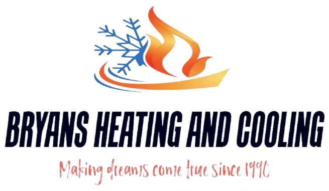 Logo for Bryans Heating and Cooling, featuring a flame and snowflake icon above company text and "Since 1990" slogan.