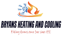 Logo for Bryans Heating and Cooling, featuring a flame and snowflake icon above company text and "Since 1990" slogan.