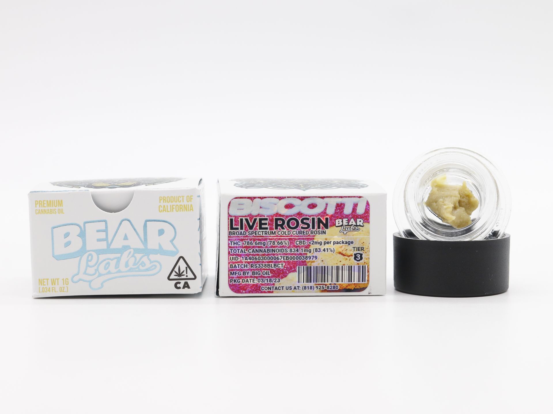 A box of bear labs live rosin next to a container of live rosin.