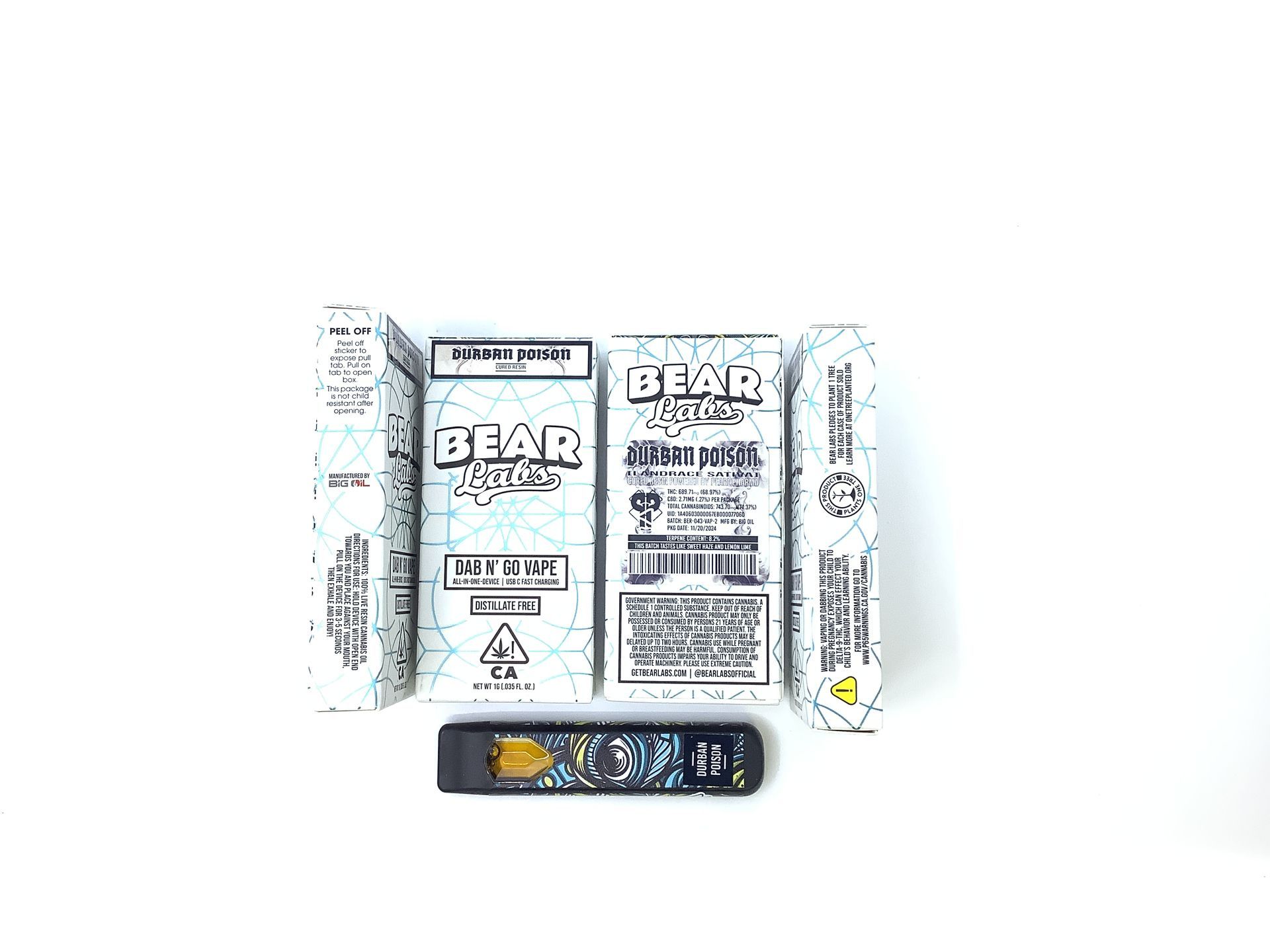 A box of bear labs next to a jar of Durban Poison - Aio