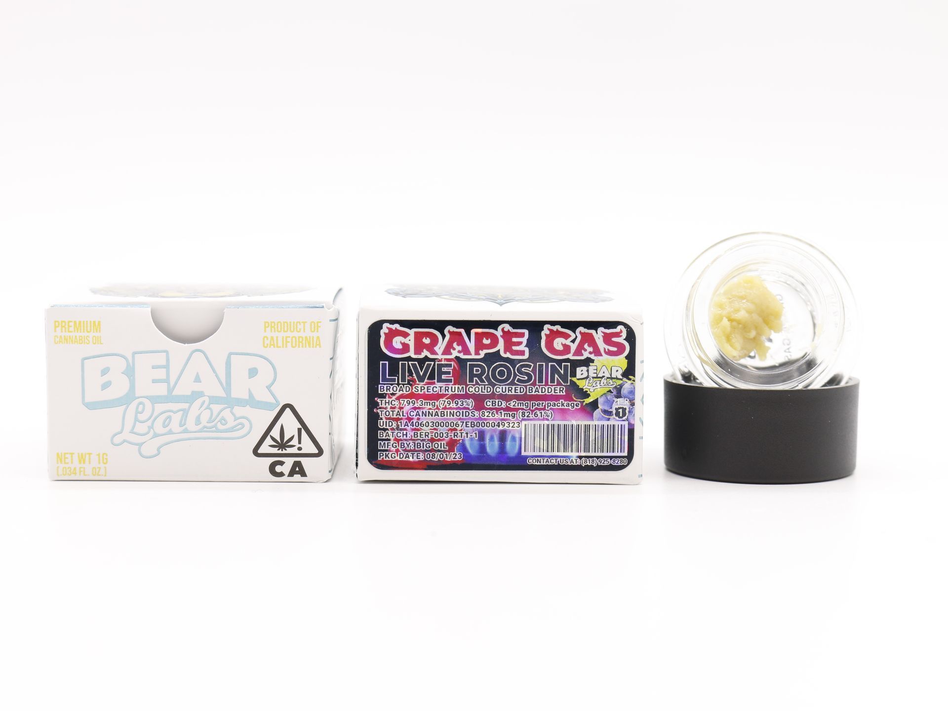 A box of bear labs next to a jar of Grape Gas