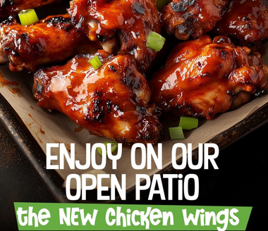 Chicken wings with barbecue glaze and text: “Enjoy on our open patio” and “the new chicken wings”