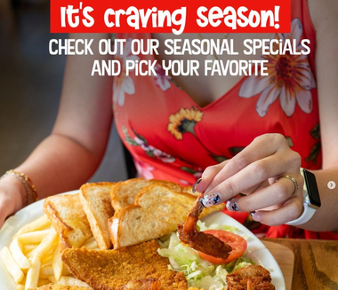 Woman eating seafood with text: “It’s craving season! Check out our seasonal specials and pick your favorite.”