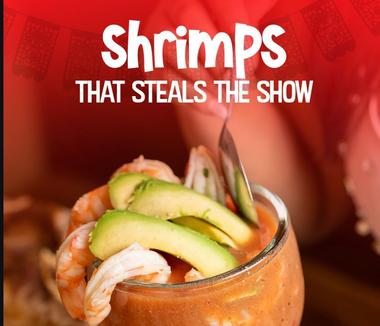 Shrimp cocktail with avocado slices and text “Shrimps That Steals the Show”