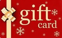 Red gift card with white snowflakes and a beige ribbon bow