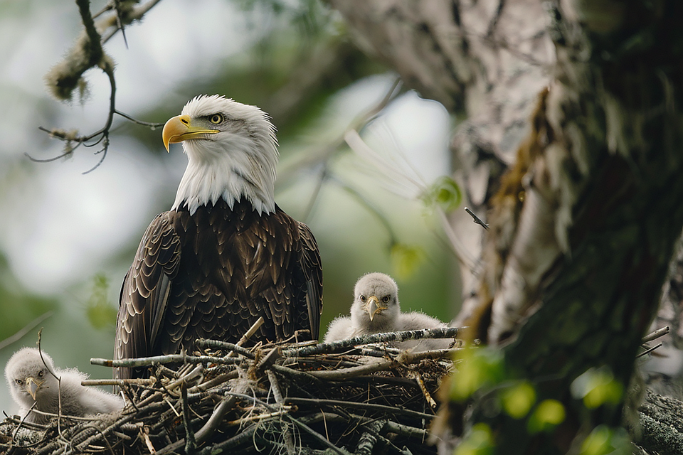 Bald eagle with two chicks in a nest, perched in a tree.