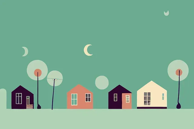 Row of stylized houses under a teal sky with crescent moons and round, light-post-like shapes.