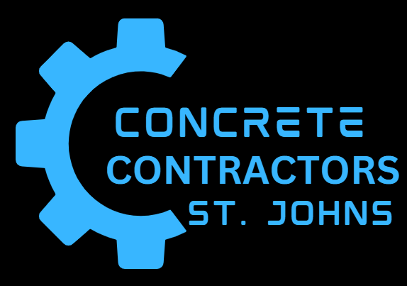 A logo for concrete contractors st. johns with a blue gear
