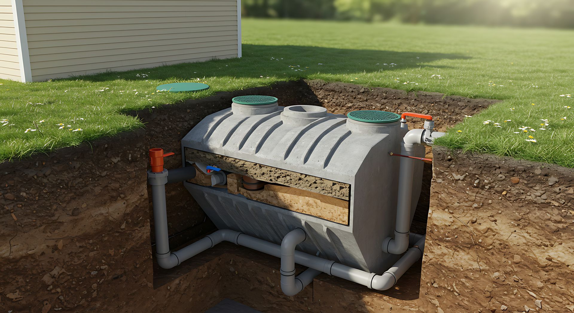 Person inspecting an open sewer manhole in an outdoor setting. Cutaway view of an underground septic tank system. Showing tank components, pipes, and surrounding soil in a grassy yard.