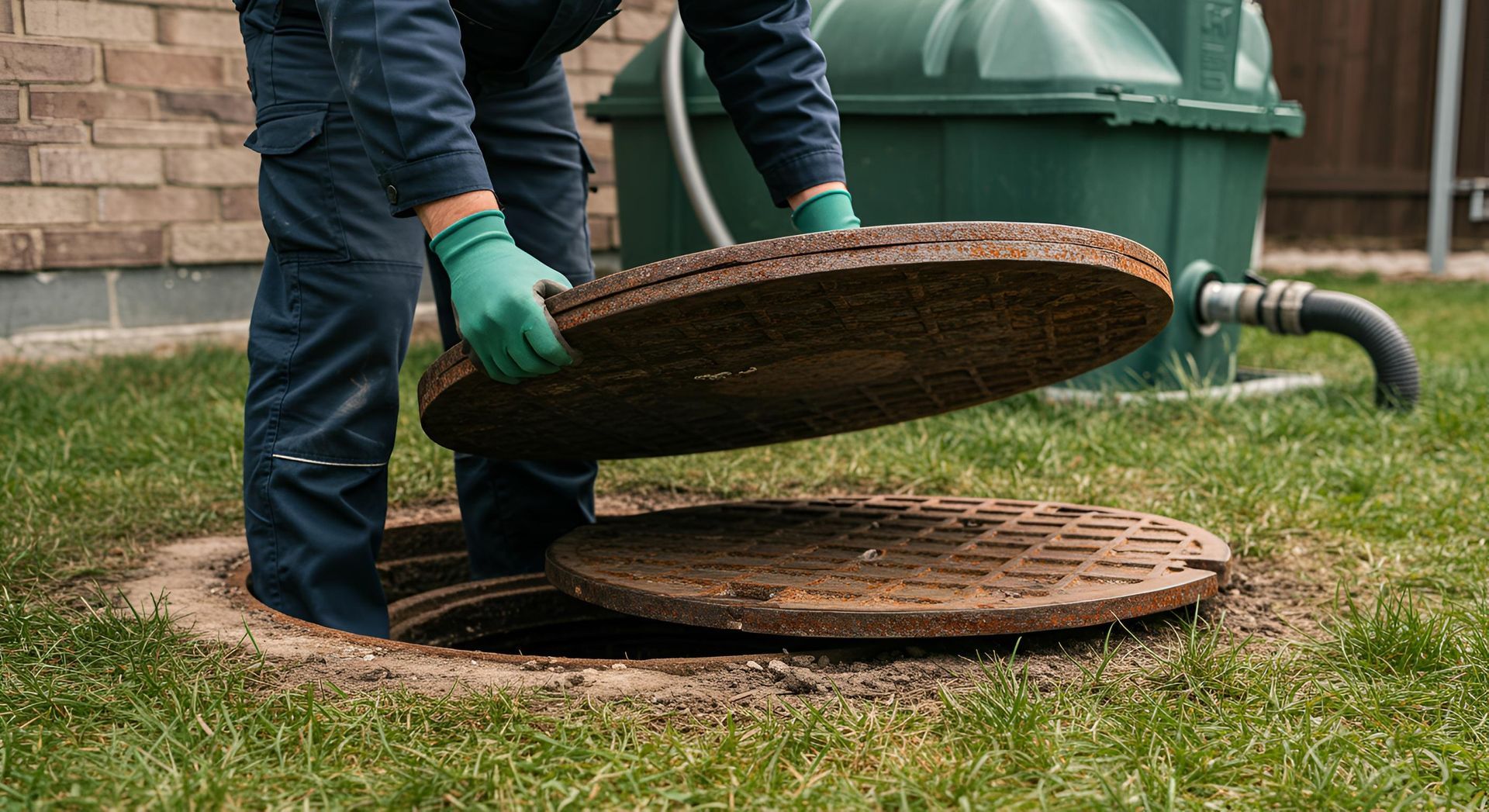 Person inspecting an open sewer manhole in an outdoor setting. Person removing a manhole cover in a grassy yard, near a septic tank.