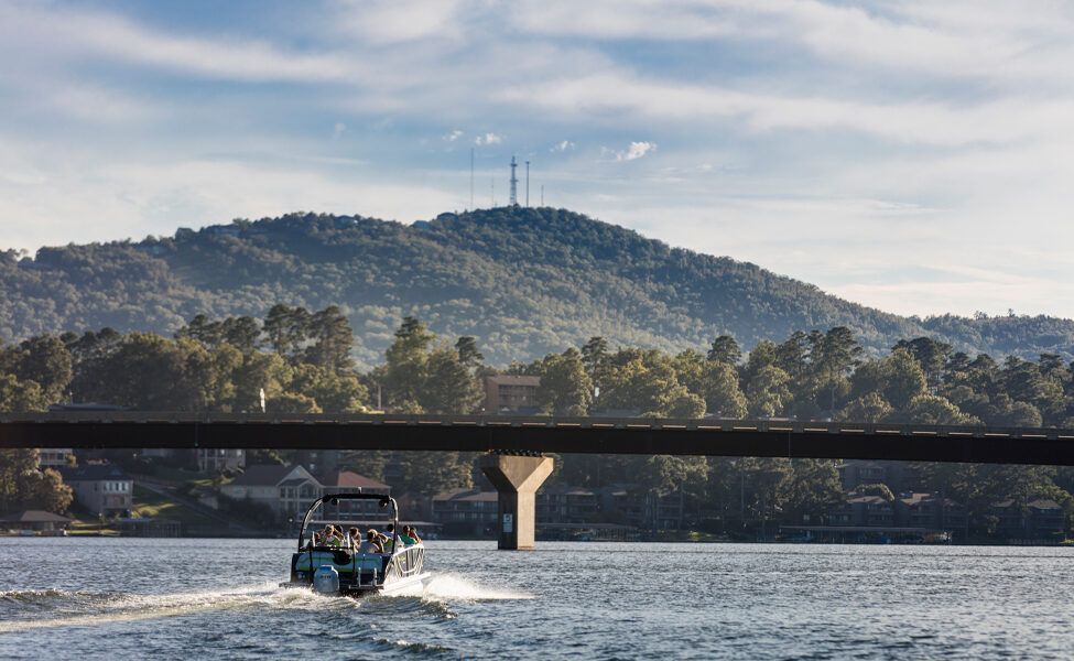 Boat on Lake Hamilton in Hot Springs Arkansas during summer