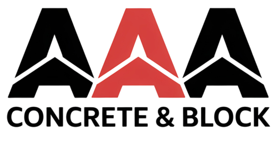 Logo of AAA Concrete & Block; three stylized A's, the center in red, the others black. Below reads