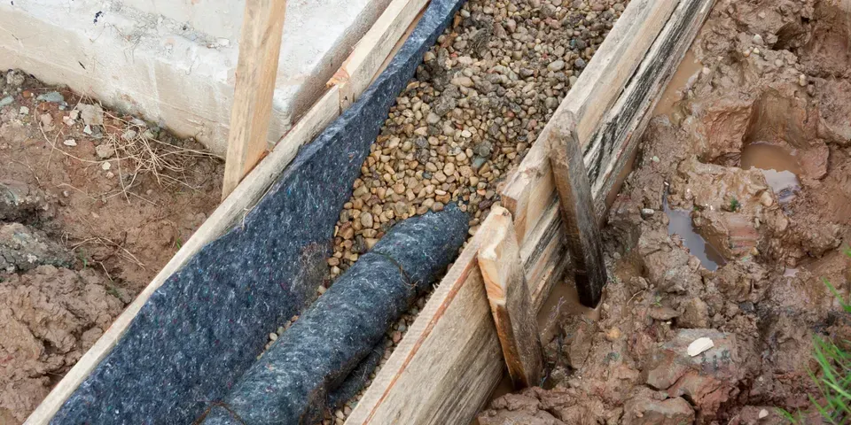 A concrete drainage system is being built in a yard.