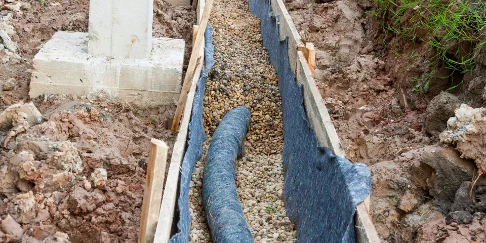 A pipe is being installed in a trench in the dirt.