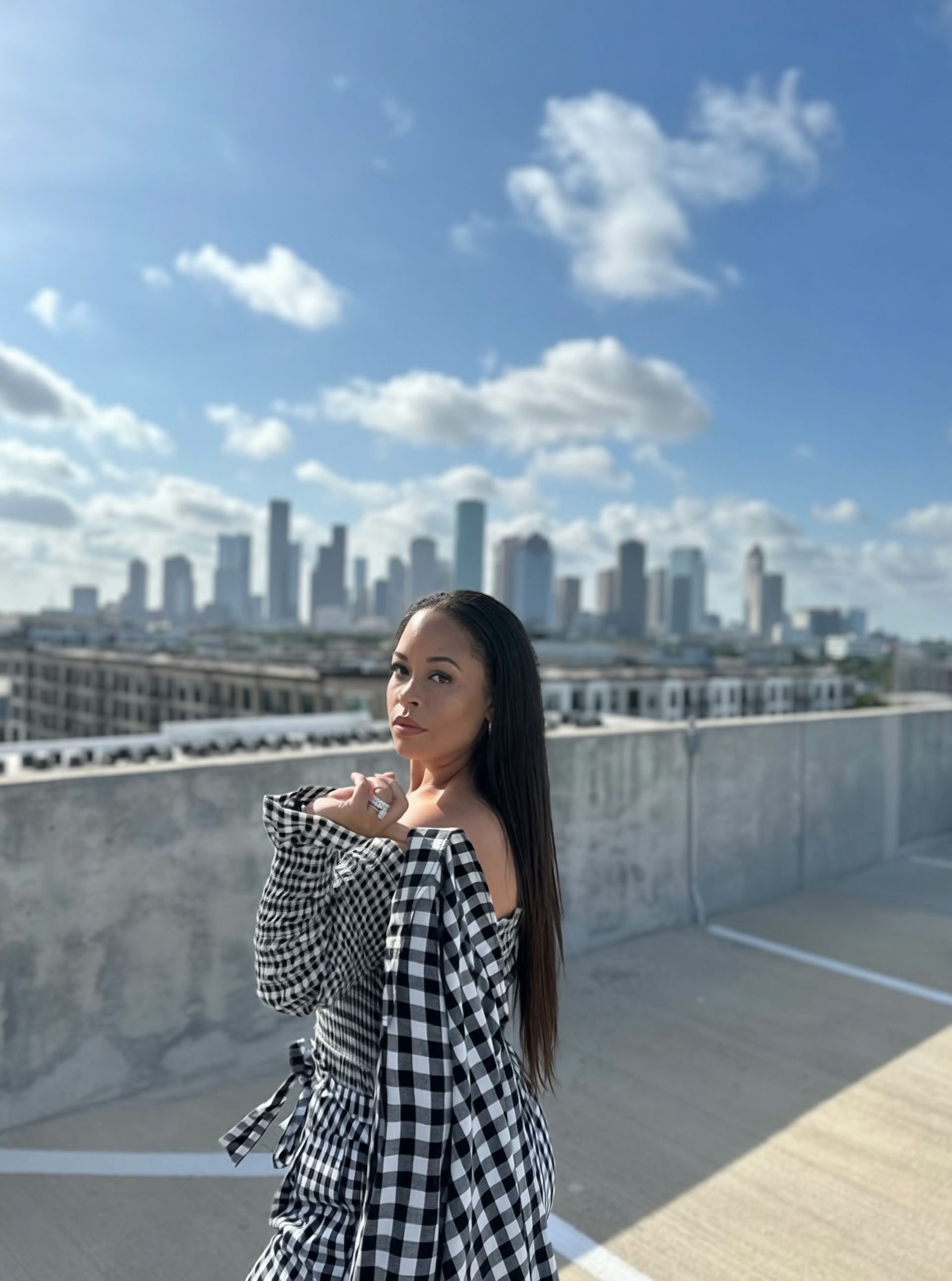 Black and White Checks coordinated outfit — closer view of fabric and styling details