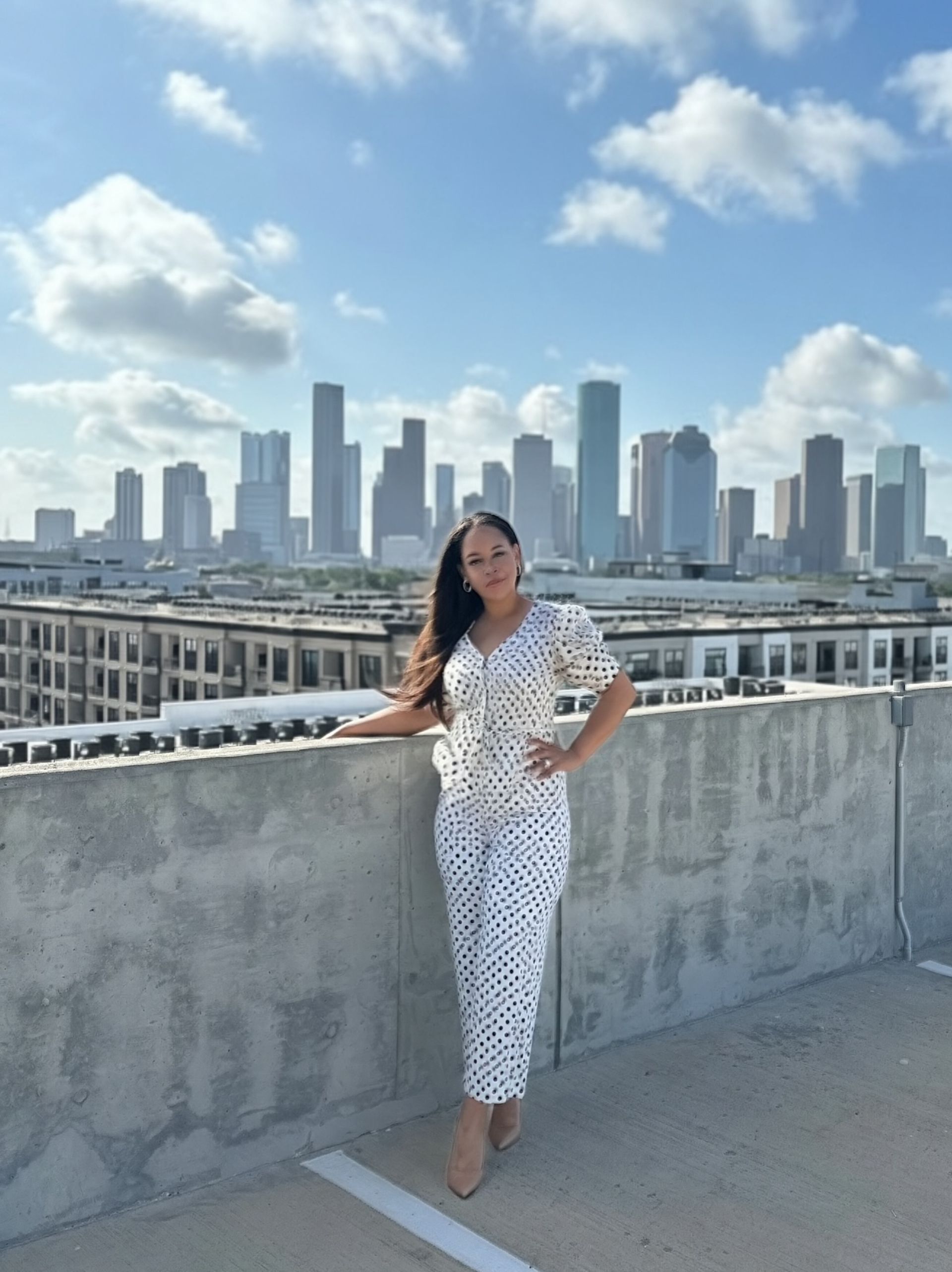 Polka Dots coordinated outfit — alternate pose against the Houston skyline