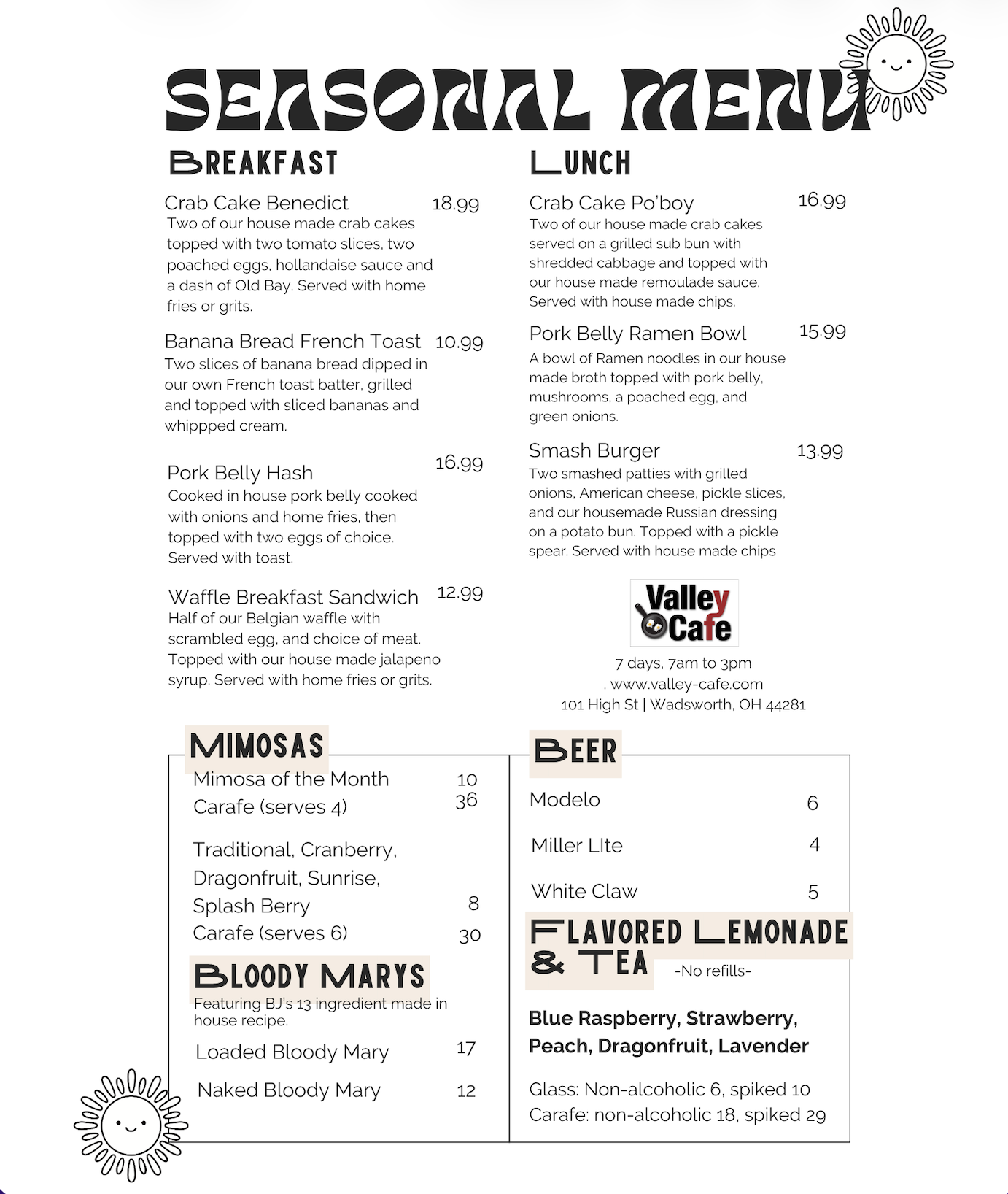 Valley Cafe Breakfast and Lunch Seasonal Menu