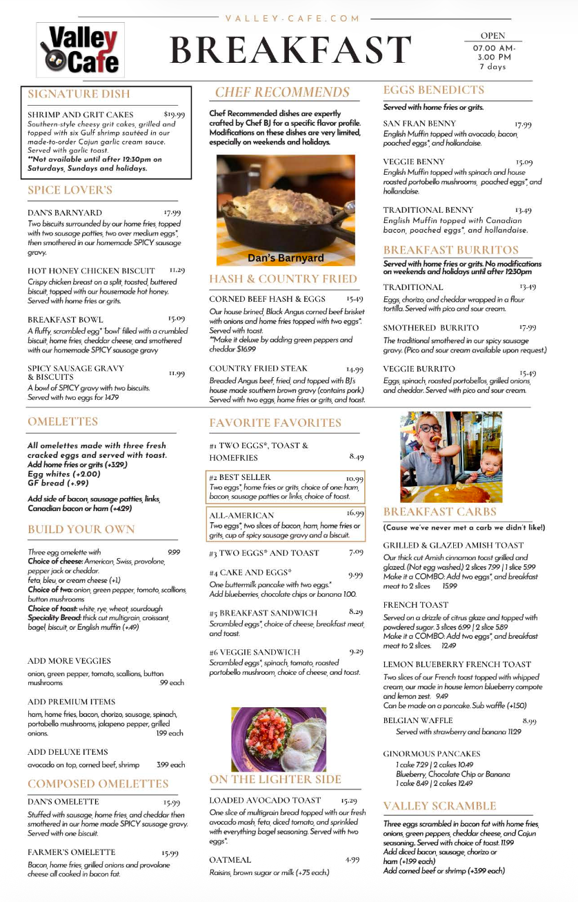 Valley Cafe Breakfast and Lunch Menu