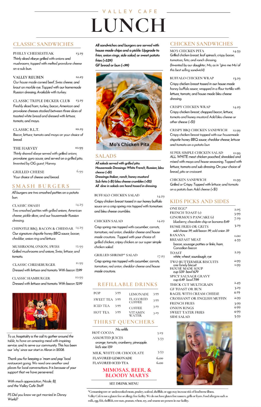 Valley Cafe Breakfast and Lunch Menu