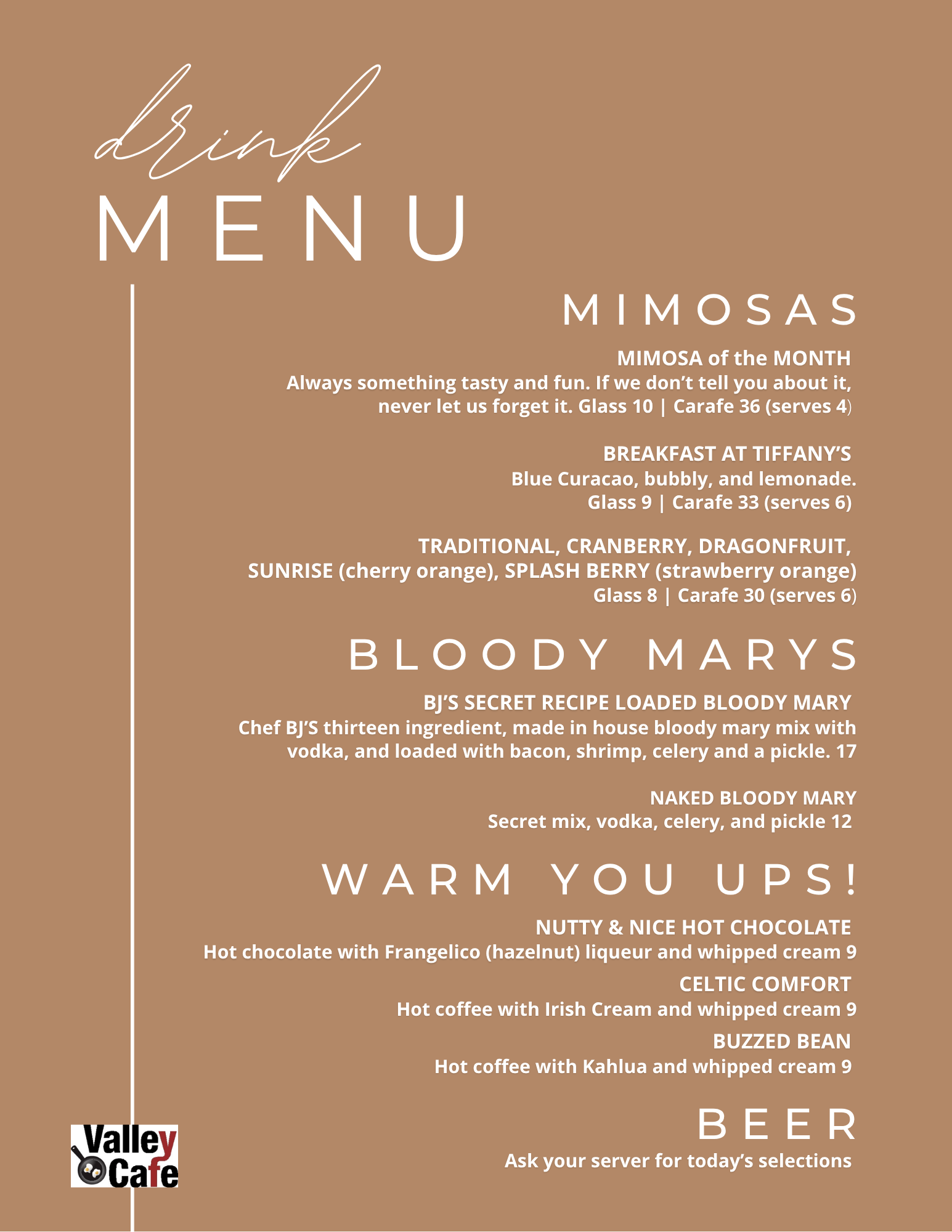 Valley Cafe Drink Menu