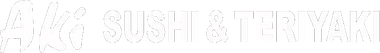 White logo reading &ldquo;AKI SUSHI & TERIYAKI&rdquo; on a light background