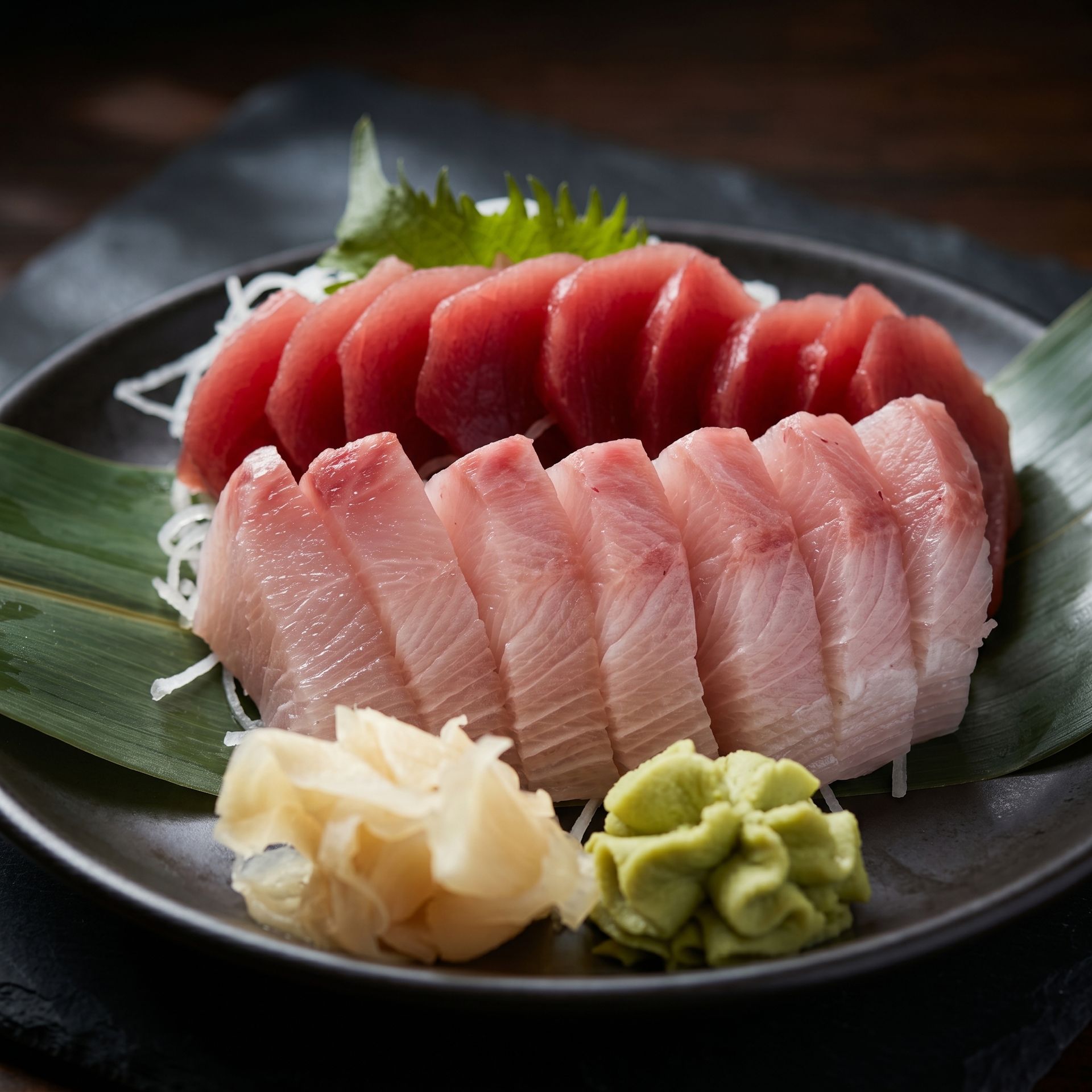 Sliced sashimi on a black plate with green shiso leaves, pickled ginger, and wasabi