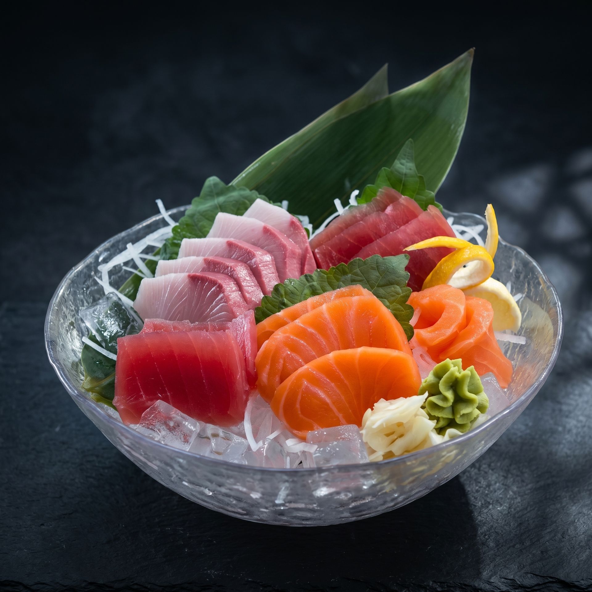 Assorted sashimi in a glass bowl on ice, with green garnish and leaves against a dark background