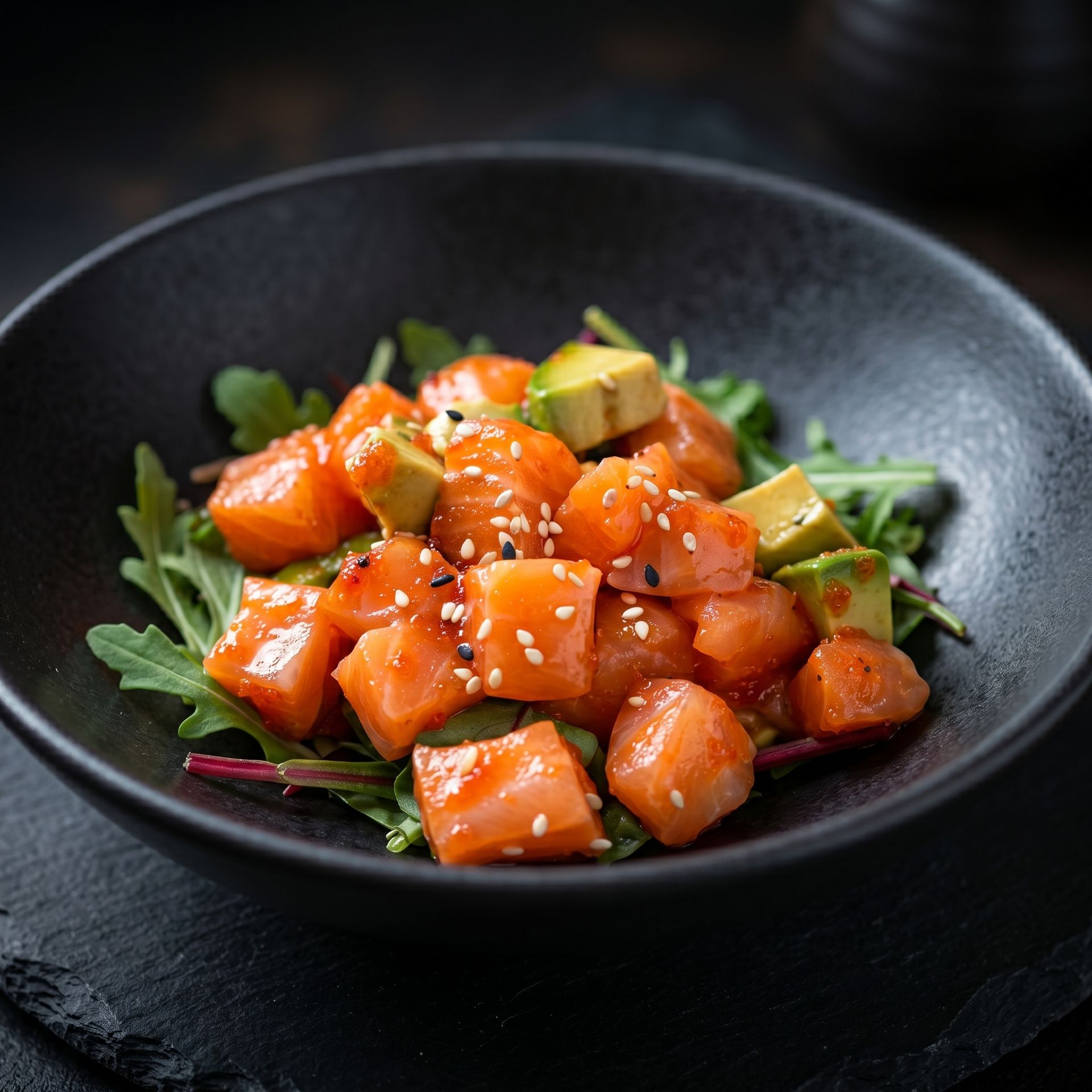 Fresh salmon cubes with avocado on greens in a black bowl, topped with sesame seeds