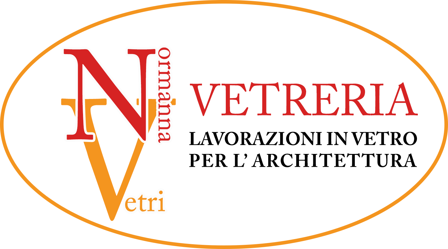Logo for N Vetreria, with orange oval, red and orange letters, and text "Lavorazioni in vetro per l'architettura"