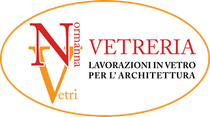Logo for N Vetreria, with orange oval, red and orange letters, and text "Lavorazioni in vetro per l'architettura"