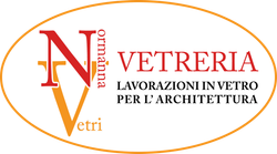 Logo for N Vetreria, with orange oval, red and orange letters, and text "Lavorazioni in vetro per l'architettura"