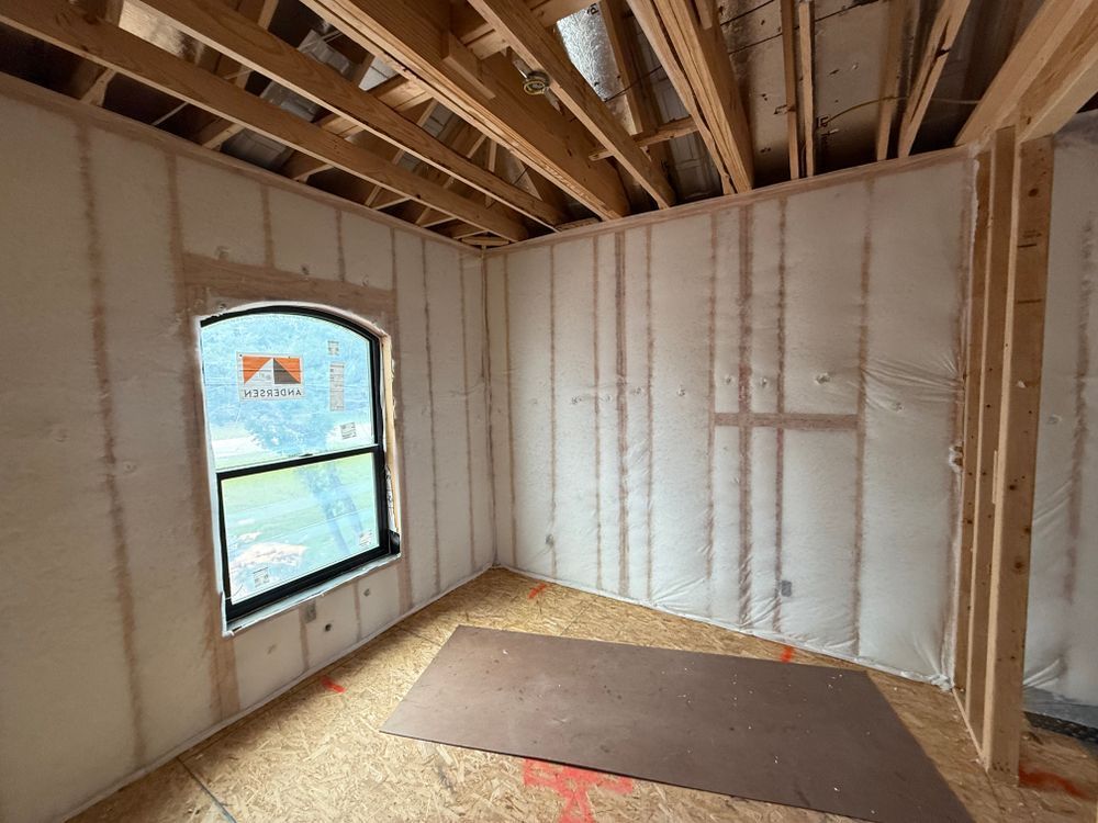 Unfinished room with exposed framing, insulated walls, a window, and a mat on the floor.