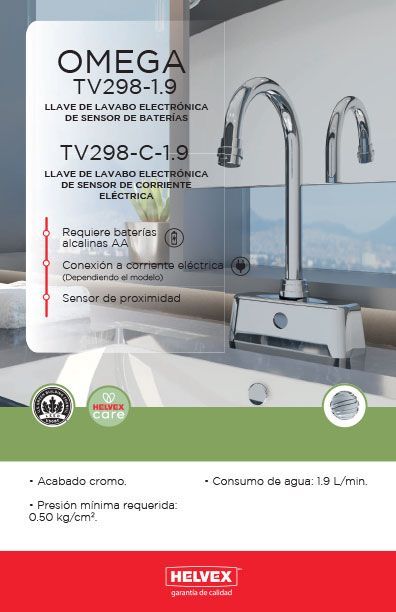 Omega TV298-1.9 llave de lavabo electrónica de sensor de baterías