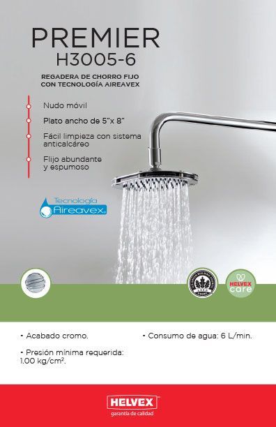 PREMIER H3005-6 regadera de chorro fijo con tecnología aireavex