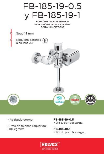 FB-185-19-0.5 y FB-185-19-1 fluxómetro de sensor electrónico de baterías para mingitorio