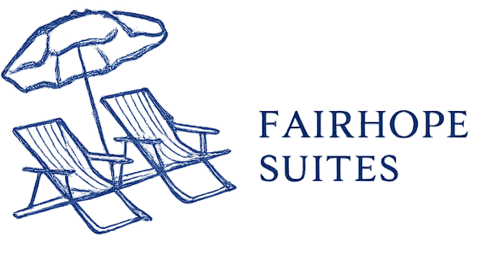 A sketch of two empty beach chairs under a single parasol, rendered in blue lines on a white background.