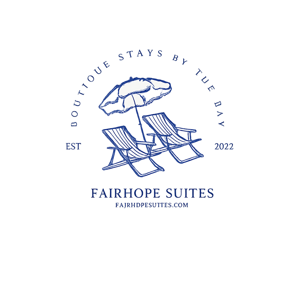 Logo for Fairhope Suites: blue line drawing of two beach chairs under an umbrella, with text and 