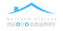 The logo for matthew bertsch photography is a blue house with a roof.